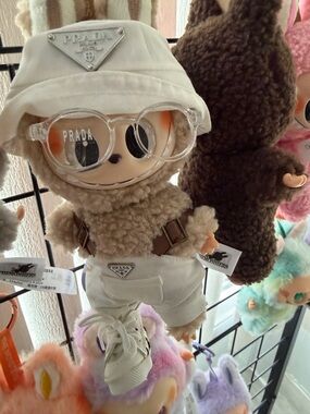 Prada Beige Plush Bunny Doll with White Outfit and Clear Glasses